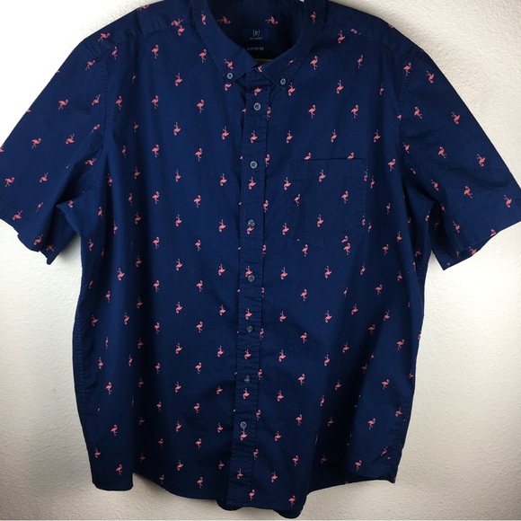 GEORGE CLASSIC FIT NAVY-BLUE PINK FLAMINGO PRINTED CASUAL BUTTON SHIRT MENS 3XL - Picture 9 of 14